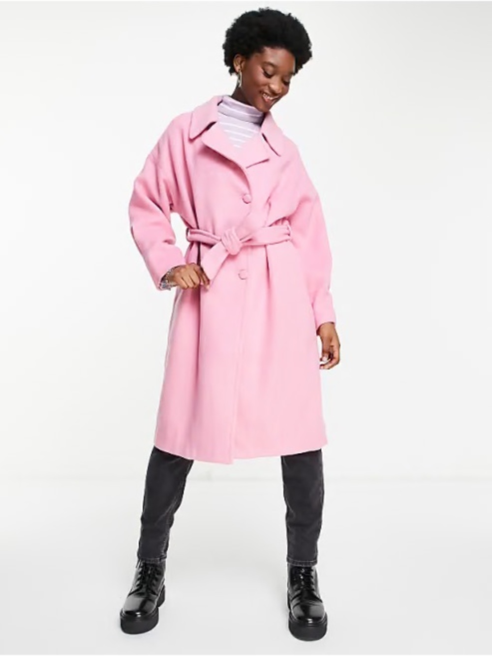 Women’s Pink Belted Wool-Blend Coat